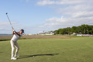 Justin Thomas hits his tee shot on 18 during the second round of the RBC Heritage golf tournament. - Source: Imagn